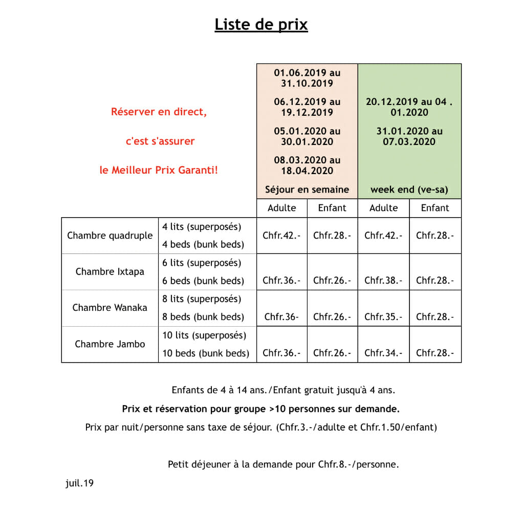 Tarifs 2019 du Petit Baroudeur Backpacker